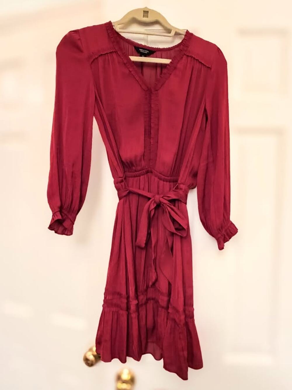 Simply Vera Vera Wang dark Red Ruffle V-Neck Tie Waist Dress Women's Size XS